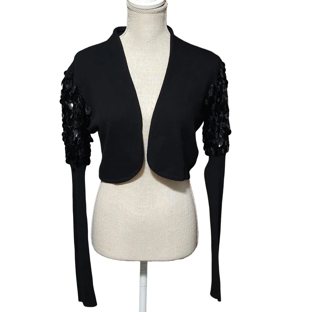 REISS Sequin Cardigan Womens Medium Black Bolero Evening Cashmere Wool Angora - Picture 2 of 12